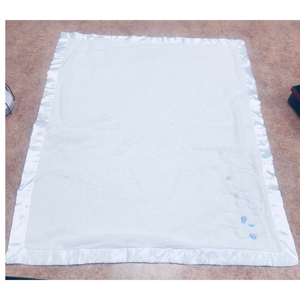 Carters White Plush Baby Blanket Satin Trim Embroidered Animals Elephant Chick